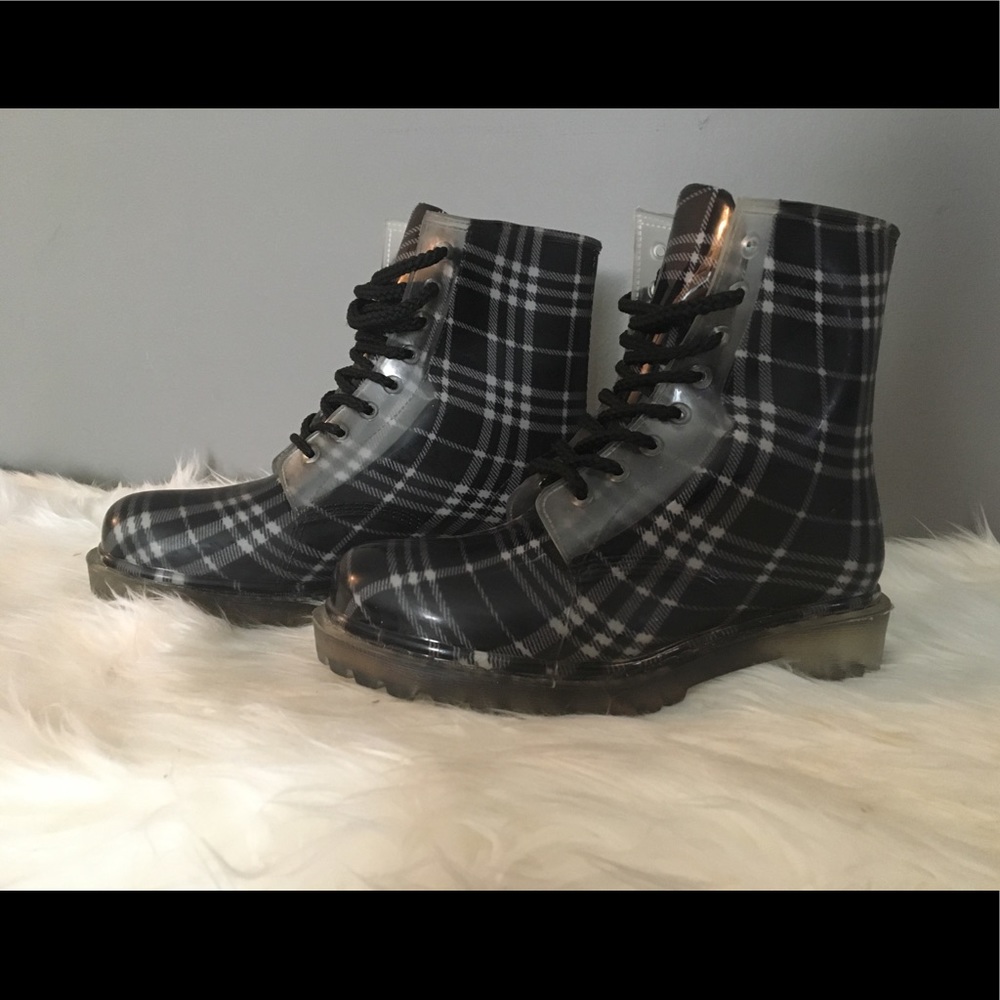 Adorable black and white plaid rain boots
